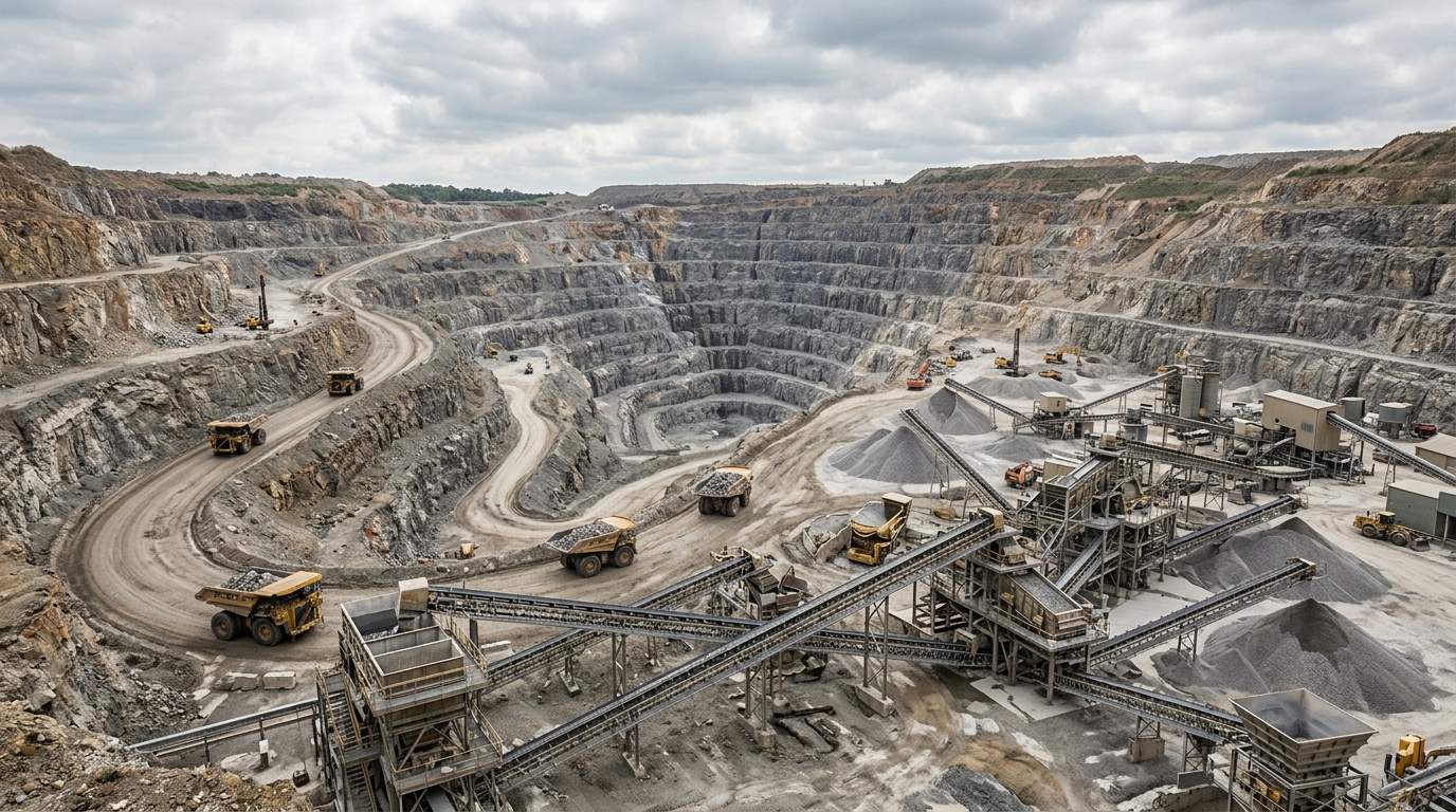 Open-pit mineral extraction quarry site and aggregate processing operations