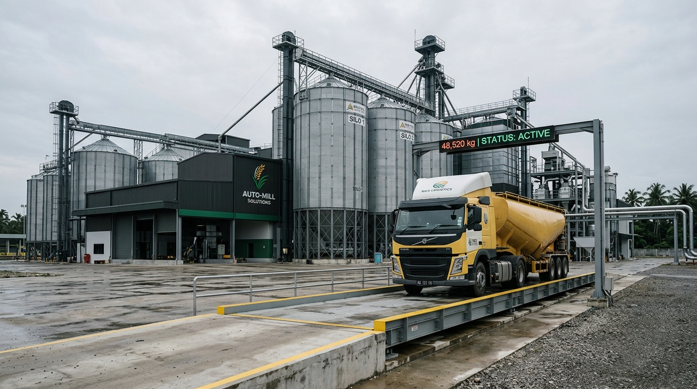 Industrial automated rice mill facility with digital weighbridge scale platform